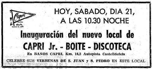 Anuncio de la inauguraci del nuevo local CAPRI Jr. - Boite - Discoteca del restaurante-balneario Capri de Gav Mar publicado en el diario La Vanguardia el 21 de junio de 1969